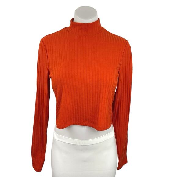 H&M Women's Orange Ribbed Turtleneck Long Sleeve  Cropped Sweater Top Size M - Picture 1 of 4